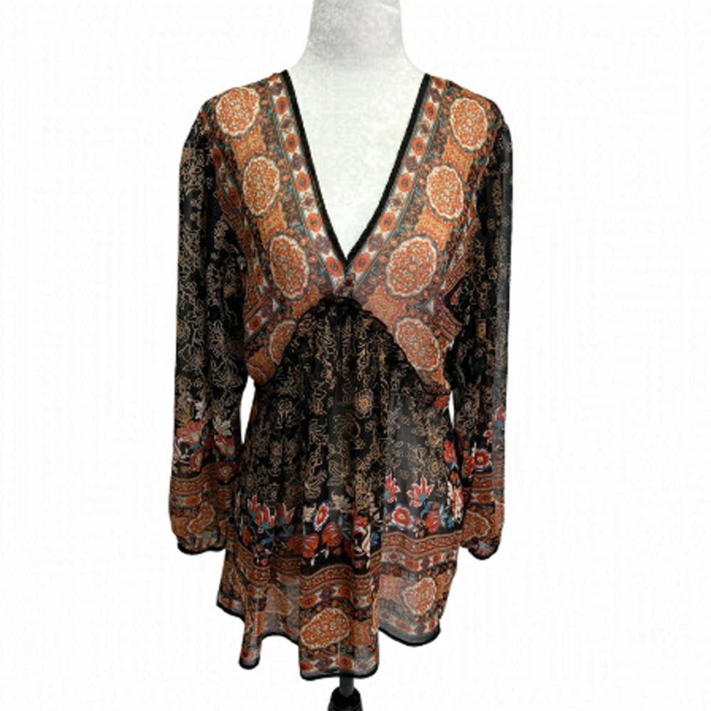 ROSE + Olive Black Boho Peasant Top Size S
